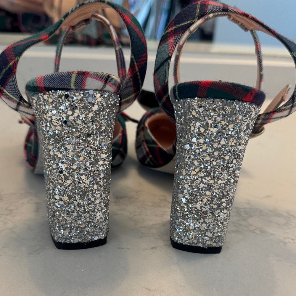 J. Crew Plaid Bow Heels, silver Glitter heel, size 8, 4”heel - Picture 7 of 10
